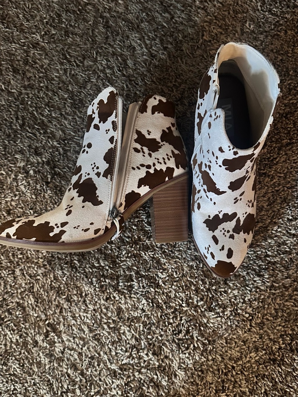 MIA Cowhide-Print Block Heel Ankle Boots in Brown and White